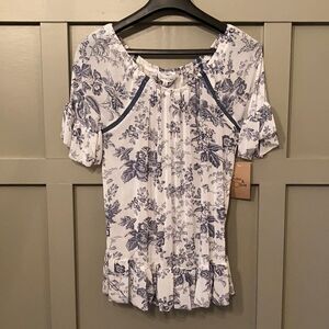 Anthropologie Eden & Olivia Blue & White Sheer Floral Boho Flowy Ruffle Top NWT